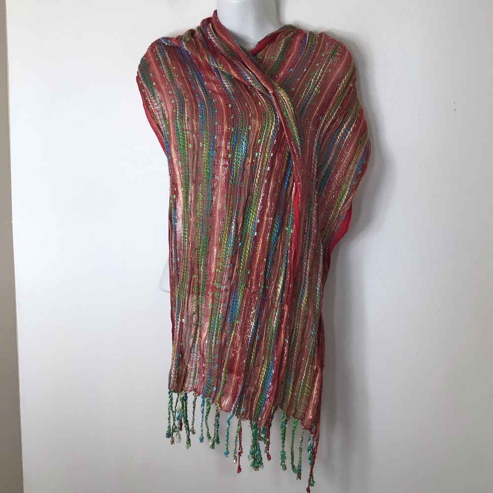 New York & Company Multicolored Woven Fringe Scarf with Red Trim